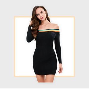 Stripped trim off the shoulder ribbed mini dress